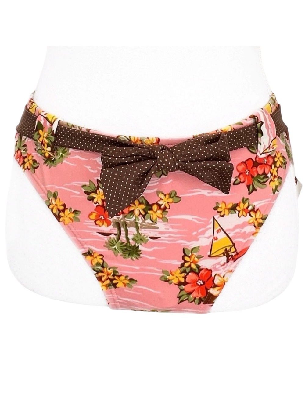 NEW bare assets Pink Plumeria Surf Brown Polka Dot High Waist Bikini Bottoms M